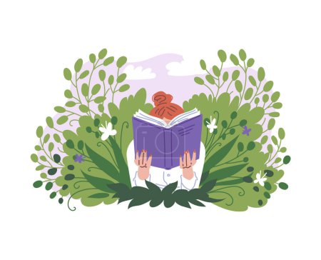 Young woman reading book with enjoy and great interest. Cartoon female booklover character behind a book vector illustration. Education, self development concept on floral background