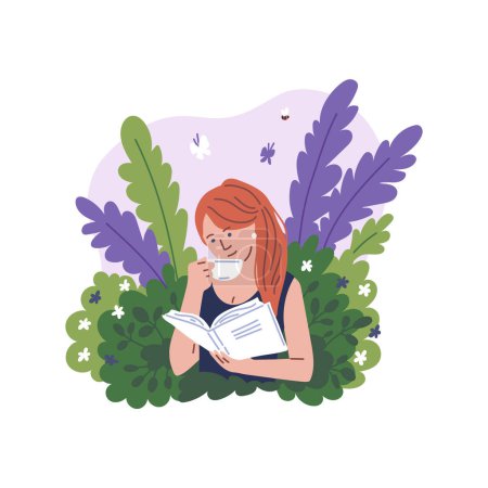 Young woman reading book with enjoy and great interest and drink from cup. Cartoon booklover character vector illustration. Education, self development concept on floral background