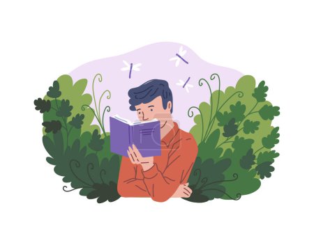 Junger Mann liest Buch mit Spaß und großem Interesse. Cartoon-Buchliebhaberfigur, die eifrig Vektor-Illustrationen liest. Bildungs- und Selbstentwicklungskonzept vor floralem Hintergrund