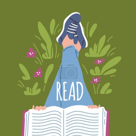 Overhead person reading book with enjoy and great interest. Cartoon booklover character leisure top view on the legs vector illustration. Education, self development poster with flowers and foliage