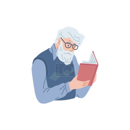 Älterer Mann mit Brille liest Buch mit viel Spaß und großem Interesse. Cartoon Buchliebhaber Rentner Charakter Vektor Illustration. Bildungsfreizeit- und Selbstentwicklungskonzept