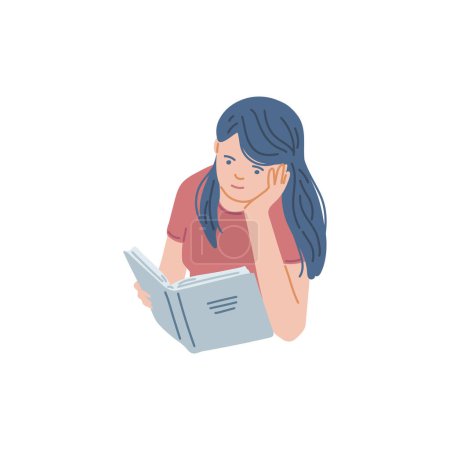 La jeune femme aime lire un livre, reposée sur le menton. Illustration vectorielle de personnage de libraire de bande dessinée féminine. Éducation, loisirs, concept d'auto-développement isolé sur blanc