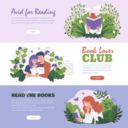Junge Leute lesen Bücher mit Spaß und großem Interesse. Bücherfreunde Club, eifrig für die Lektüre Landing Page Vektor Set. Cartoon-Erziehung, Selbstentwicklung auf Blumenschmuck mit Textvorlage