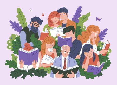 Banner or poster backdrop with group of people reading, flat vector illustration isolated on background. Bookcrossing and reading books, love to literature topic.