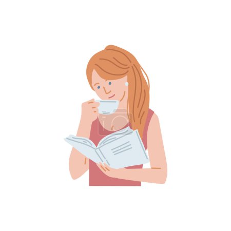 Junge Frau liest Buch mit Spaß und großem Interesse und trinkt aus Tasse. Zeichentrickbuch Liebhaber weiblichen Charakters Vektor isolierte Illustration. Bildung, Selbstentwicklung
