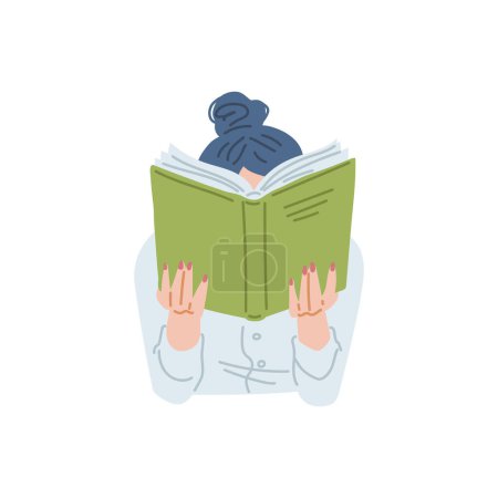 La jeune femme aime lire, derrière un livre. Illustration vectorielle de personnage de libraire de bande dessinée féminine. Education loisirs, concept d'auto-développement isolé sur fond blanc