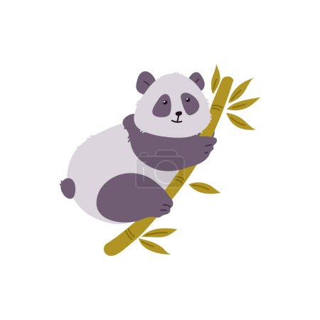 Téléchargez les illustrations : Mignon panda rampant sur l'illustration vectorielle de bambou. Ours asiatique en laine noire et blanche, fourrure duveteuse. Drôle de panda accroché à la plante. Dessin animé animal sauvage de Chine icône isolé - en licence libre de droit