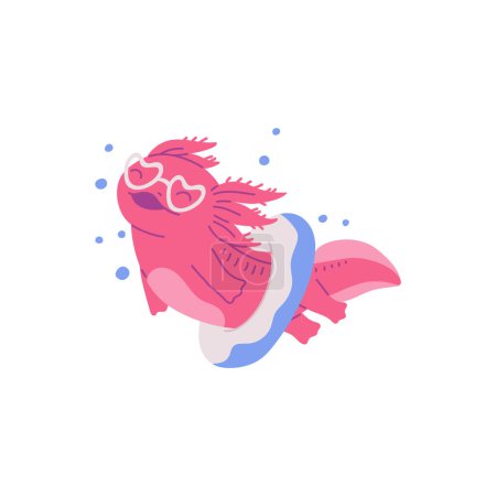 A playful axolotl wearing heart-shaped glasses and a lifesaver, vector illustration with a whimsical touch for summer aquatic themes.