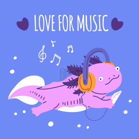 Nettes schwimmendes Axolotl mit Kopfhörer und Audio-Player. Amphibien lieben es, Musik zu hören. Salamander marine freundliche Schlangenfische. Karikatur glückliches Wassertier