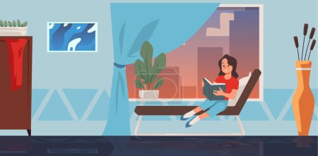 Vector illustration of a teenage girl absorbed in reading by the window, sitting in a cozy room with home interior. Ideal for Book Day themes or educational materials. Isolated design.