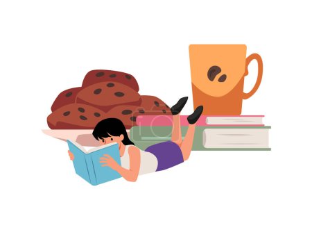 Ilustración de Linda alumna leyendo libro cerca de la taza de café en la pila de libros con galletas. Diseño educativo, concepto bibliófilo amante del libro. Ilustración vectorial de dibujos animados aislada en blanco - Imagen libre de derechos