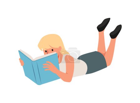 World Book Day theme. Illustration of a teenage girl absorbed in reading a book while lying on her stomach. Vector character on isolated background ideal for educational and literary projects.