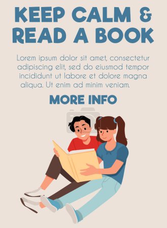 Cozy reading time poster with couple. Vector illustration of a young man and woman sitting closely, sharing a big book, against a calm background with text