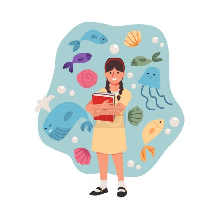 Das Mädchen hält vor dem Hintergrund verschiedener Meerestiere ein Buch in der Hand und stellt sich vor, wie sie über die Unterwasserwelt lesen wird. Flache, isolierte Illustration zum Kinderbuchtag.