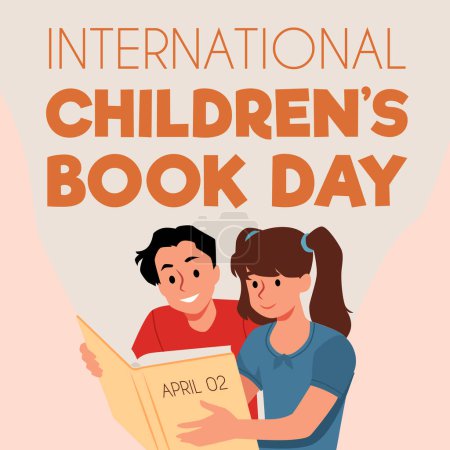 Flat vector illustration of teenage children enthusiastically reading a book. Flyer with space for text for the celebration of International Childrens Book Day.