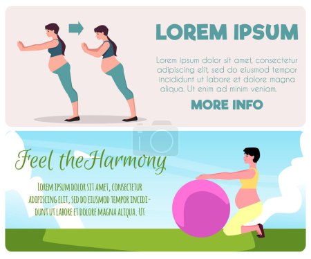 Illustration for A set of leaflets with exercises for pregnant women. Flat vector banner with space for text, outdoor yoga with fitness ball and yoga guide for expectant mothers. Sports for pregnant women. - Royalty Free Image