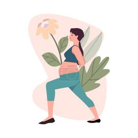 Prenatal stretching session. Vector illustration of a pregnant woman doing a lunge exercise with a tranquil botanical backdrop