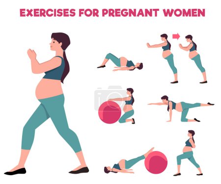 Illustration for Prenatal exercise set. Vector illustrations of a pregnant woman in various workout poses, promoting fitness and health during pregnancy - Royalty Free Image