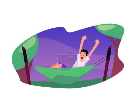 Relaxation outdoors. Vector illustration of a joyful person stretching in a hammock between trees, encapsulating leisure and comfort in nature
