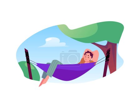 Illustration for Summer tranquility. Vector illustration of a content person lounging in a hammock under the clear sky, symbolizing relaxation and simplicity - Royalty Free Image