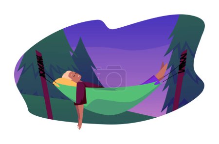 Ein Mann entspannt sich in einer Hängematte unter dem Nachthimmel und Bäumen. Flache vektorisolierte Illustration einer ruhigen Waldszene für Tourismus-Urlaub und Reisekonzept.