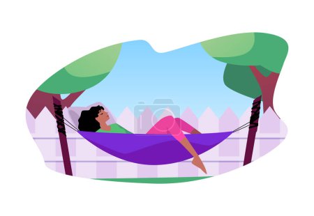 Illustration for A woman rests in a hammock in nature. The character sleeps in a hammock near the fence in the backyard or country house. Leisure and recreation concept in vector isolated illustration. - Royalty Free Image