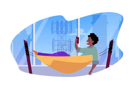 Urban relaxation. Vector illustration of a person in a hammock with a smartphone against a city backdrop