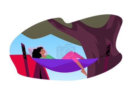 Sérénité extérieure. Illustration vectorielle d'une personne se relaxant dans un hamac coloré sous un auvent d'arbre