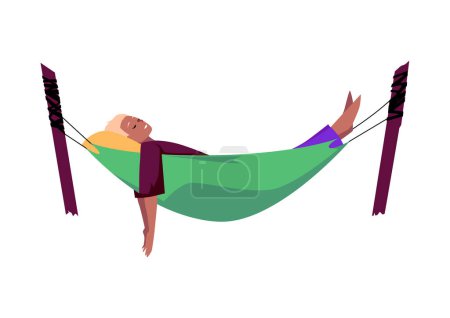 Temps libre reposant. Illustration vectorielle d'une personne somnolant dans un hamac vert et violet, incarnant la relaxation