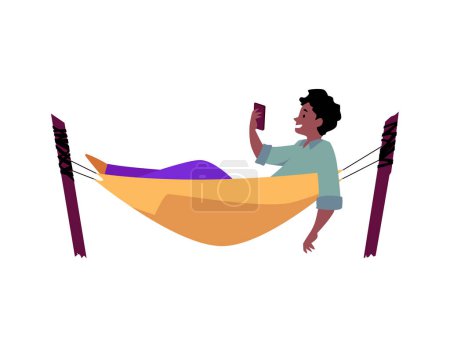 Tiempo muerto digital. Ilustración vectorial de una persona descansando en una hamaca con un smartphone, disfrutando del ocio moderno