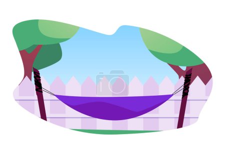 Suburban relaxation. Vector illustration of a purple hammock tied between trees in a backyard setting, exuding tranquility