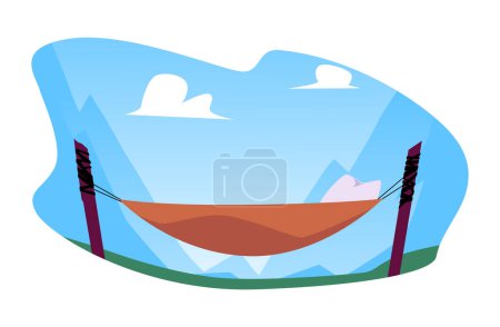 Mountain retreat concept. Vector illustration featuring a brown hammock suspended between two trees with mountain and cloud backdrop