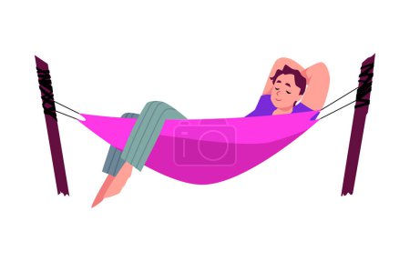 Tema de relajación. Ilustración vectorial de una persona descansando en una hamaca rosa, con una expresión serena, sobre un fondo blanco