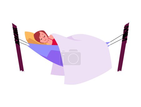 Téléchargez les illustrations : C'est l'heure de la sieste. Illustration vectorielle d'une personne dormant dans un hamac bleu recouvert d'une couverture, incarnant le repos et la tranquillité - en licence libre de droit