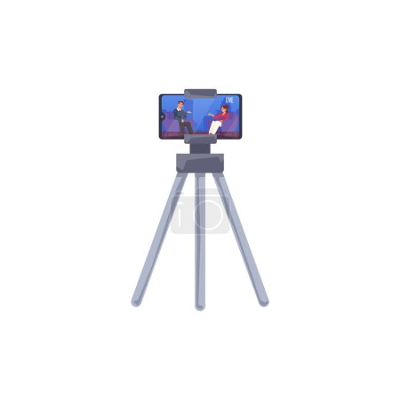 Illustration for Vector illustration of a classic tripod with a smartphone broadcasting a live interview session - Royalty Free Image