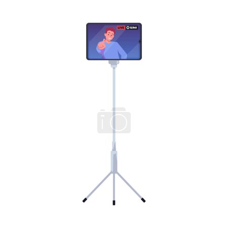 Illustration for Vector graphic of a tall tripod with a smartphone showing a thumbs-up gesture during a live stream - Royalty Free Image