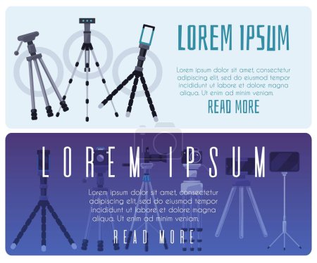 Professional photography gear banner set featuring assorted tripods. Vector illustration depicts camera support systems with placeholders for text
