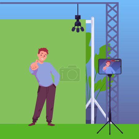 Illustration for Man giving thumbs up in a studio with green screen, lights and camera on tripod. Vector illustration for live recording setup - Royalty Free Image