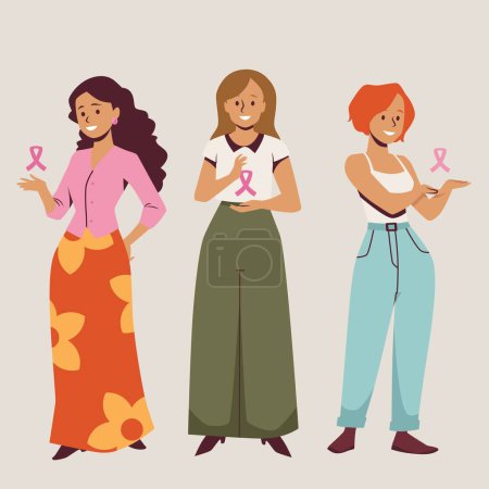 Illustration for Breast cancer awareness concept. Vector illustration set featuring three women with pink ribbons, symbolizing support and solidarity - Royalty Free Image