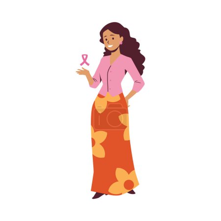 Promouvoir la conscience du cancer du sein. Illustration vectorielle d'une femme prête à présenter un ruban rose, emblème du soutien et du plaidoyer