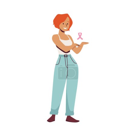 Défenseur de la sensibilisation au cancer du sein. Illustration vectorielle d'une femme joyeuse mettant en valeur un ruban rose, représentant espoir et soutien