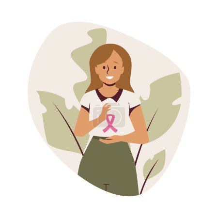 Illustration vectorielle d'une femme de soutien avec un ruban rose pour la sensibilisation au cancer du sein, sur fond feuillu