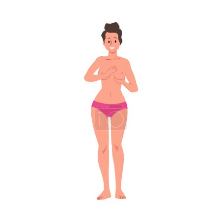 Illustration zur Selbstuntersuchung der Brust. Eine weibliche Figur, die einen Selbstcheck zur Gesundheit ihrer Brust durchführt. Bildungsvektor für das Gesundheitswesen