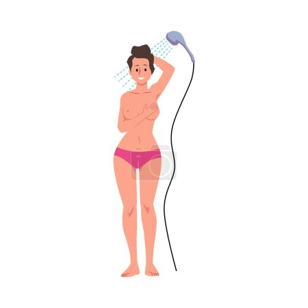 Brustkrebs Self-Check-Verfahren Vektor. Abbildung zeigt eine Frau, die unter der Dusche eine Brustuntersuchung durchführt.