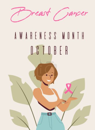Oktober Brustkrebs-Aufklärungsplakat. Eine lächelnde Frau mit rosa Schleife, Vektorillustration für Gesundheitskampagnen