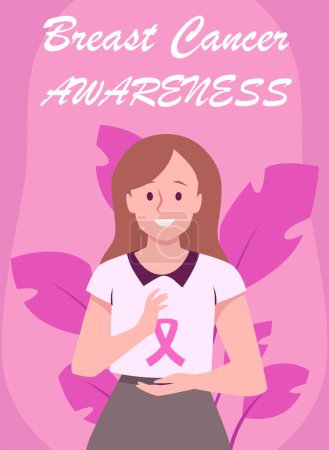Vecteur d'affiches de sensibilisation au cancer du sein. Une femme avec un ruban rose, illustration de soutien pour les campagnes de santé et d'éducation