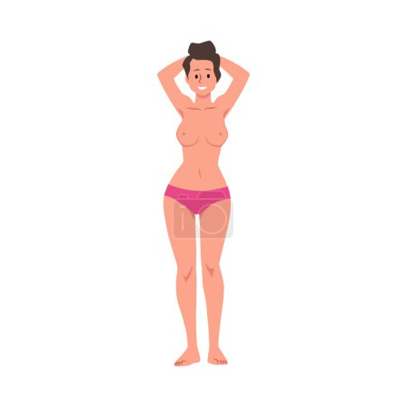 Ilustración de Ilustración del vector de procedimiento de autoexamen mamario. Una mujer con las manos detrás de la cabeza, promoviendo la conciencia de la salud mamaria - Imagen libre de derechos