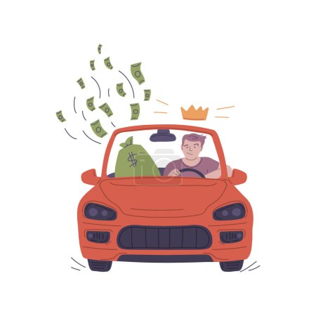 El hombre exitoso con la corona por encima de la cabeza conduce el coche cabriolet rojo. Enorme bolsa de dinero, dinero volador. Autoestima positiva y riqueza. Liderazgo empresarial y logros financieros. Ilustración vectorial