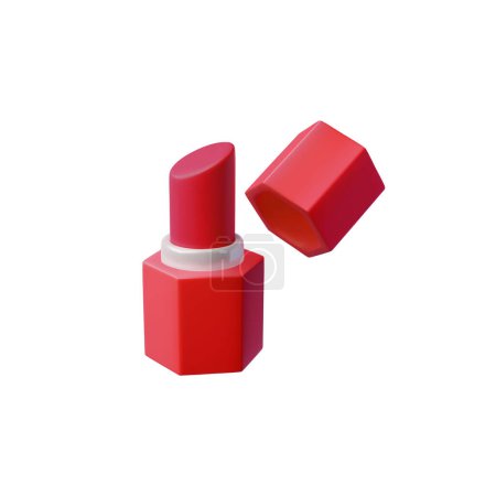 Téléchargez les illustrations : Rouge à lèvres 3D rouge dans un tube ouvert. Baume à lèvres dans un style de dessin animé mignon 3D. Produit cosmétique isolé pour le soin des lèvres sur le thème du maquillage et de la beauté. - en licence libre de droit