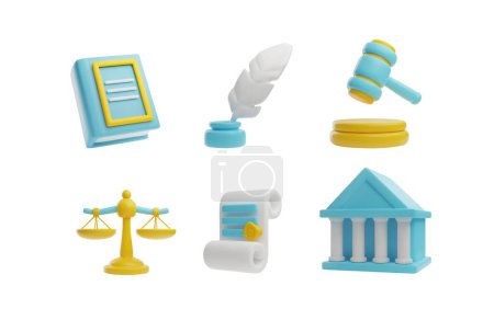 Set of legal concept elements in 3D style. Collection of vector icons includes: scales, gavel, courthouse, pen, paper and book. Legal services and justice concept on isolated background.